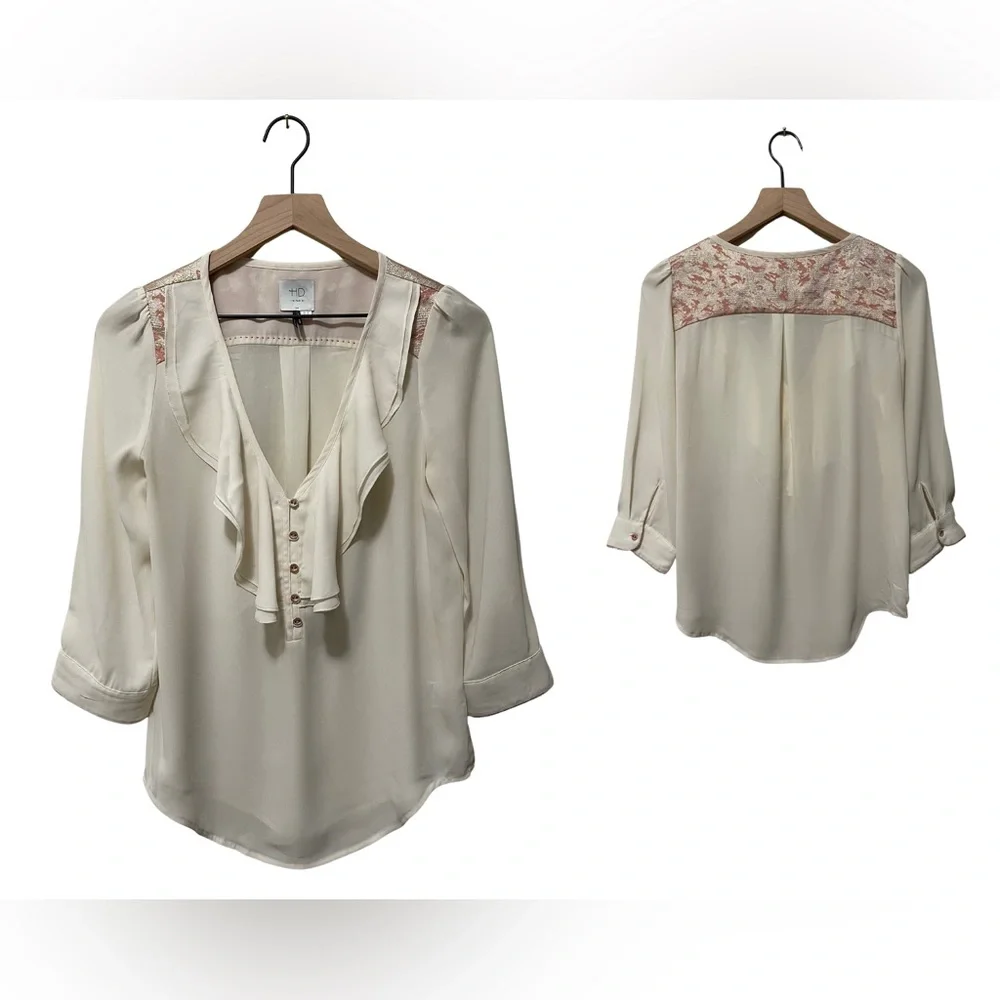 HD in Paris Anthropologie Cream Pink Sparkle Elinor Ruffle Blouse Size 6 - Picture 1 of 8